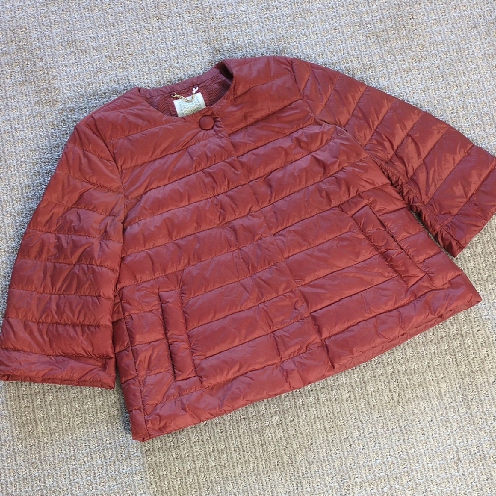 GEOX Respira Rust Red Down Bell Sleeve Puffer Overcoat w/Gold Hardware, Size 4